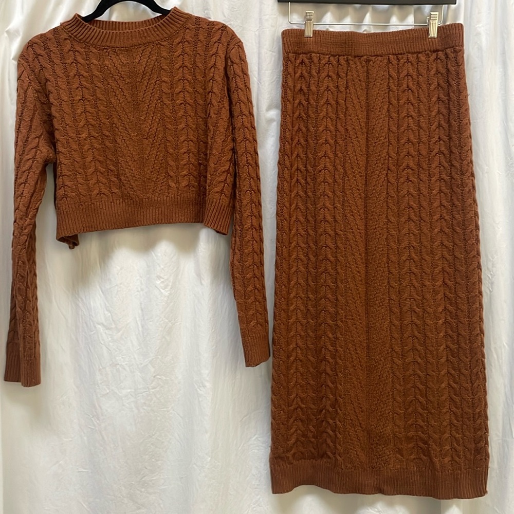 2 piece cable knit cropped sweater w/ matching maxi skirt